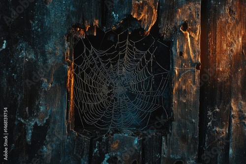 A dew-kissed spiderweb elegantly fills a weathered wooden frame, a captivating contrast of nature's artistry.