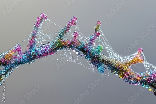 A spiderweb adorned with iridescent dew drops, creating a vibrant, jewel-toned display on a branch.
