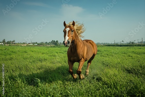 Chestnut horse galloping across a green field under a blue sky.