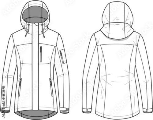 womens knee length hooded trail jacket flat sketch vector illustration front and back view waterproof rain coat technical cad drawing template
