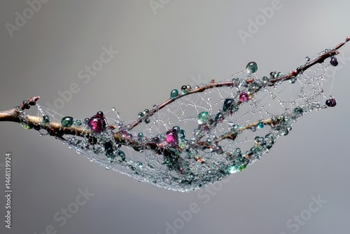 A delicate spiderweb adorned with dew drops, clinging to a slender branch, creating an ethereal scene.