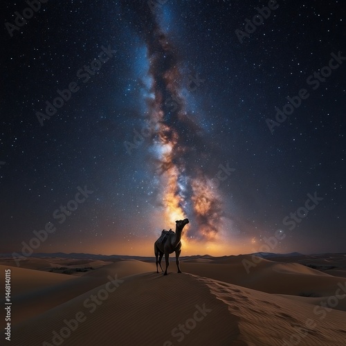 Camel standing a sand dune under a star filled sky silhouetted by the faint glow of the Milky Way
