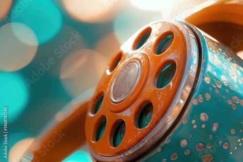 Close-up of a vintage, orange rotary phone dial with a teal body, bokeh background.