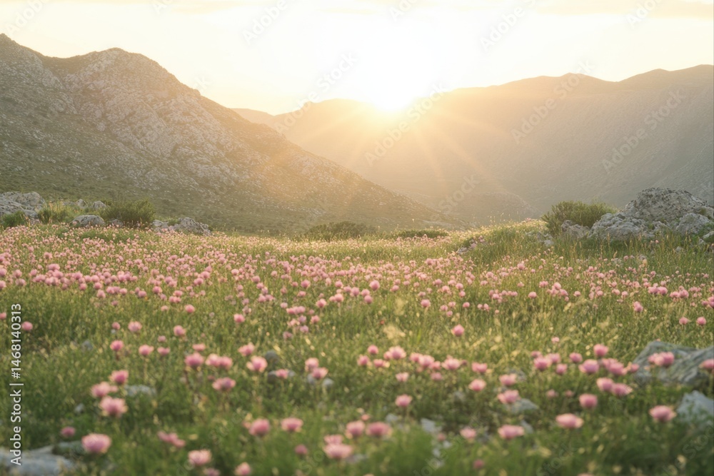 Fototapeta premium Pink flowers field with mountains at sunset for landscape design and nature photography