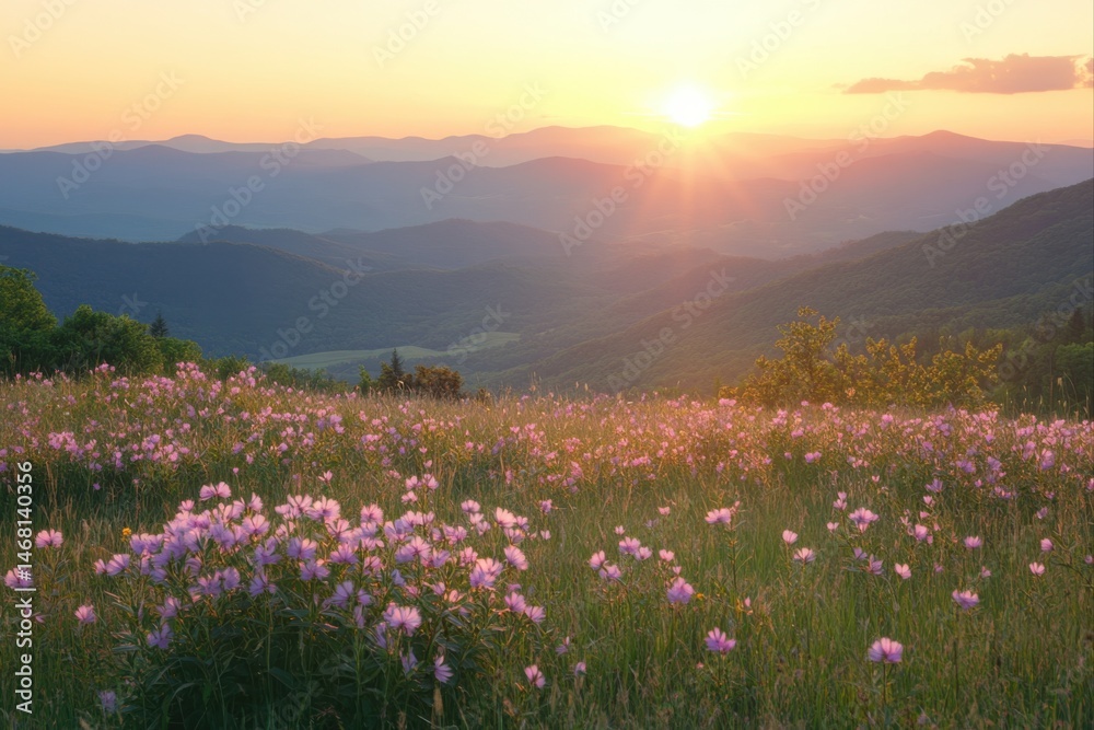Obraz premium Scenic mountain meadow with wildflowers at sunset for wallpaper, backgrounds, and travel inspiration.
