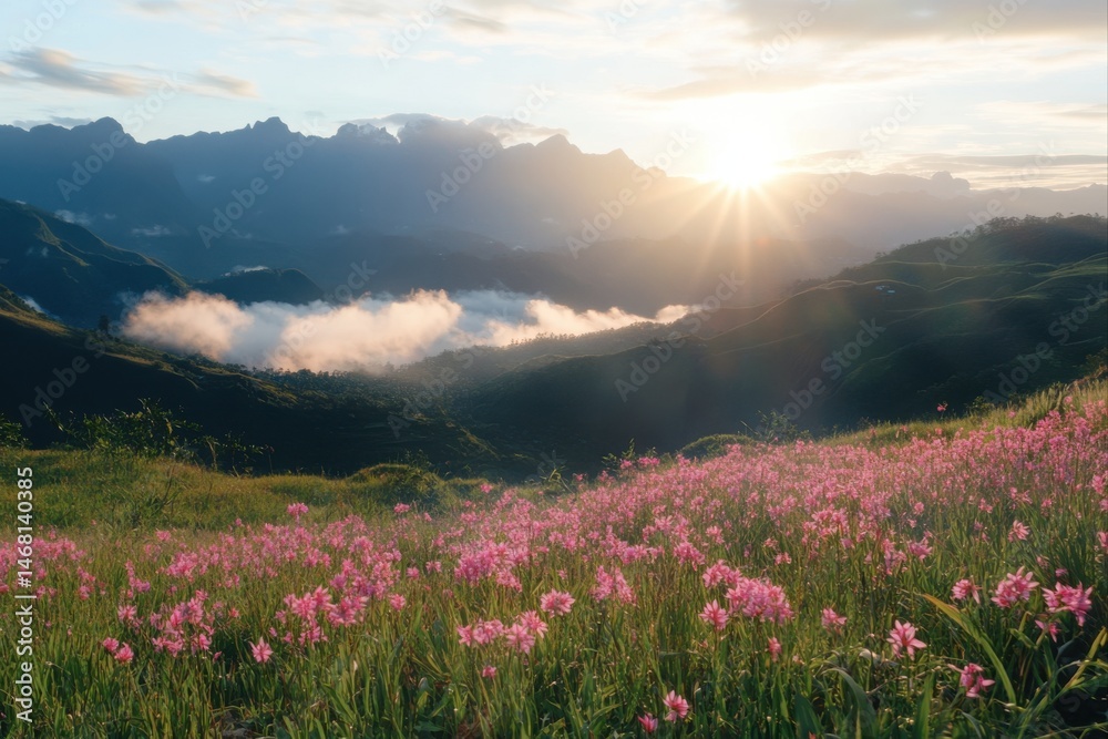 Obraz premium Scenic mountain range with blooming flowers at sunrise for travel posters, nature photography, and landscape designs.