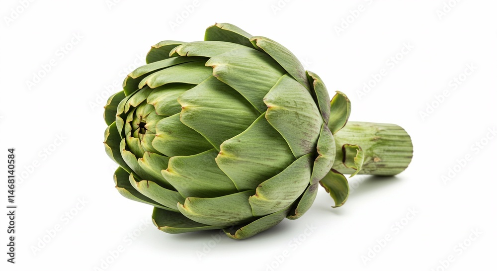 Obraz premium Fresh Green Artichoke Close-Up: Vibrant, Detailed Image of a Single Artichoke Isolated on White Background, Perfect for Culinary, Health, and Lifestyle Projects.