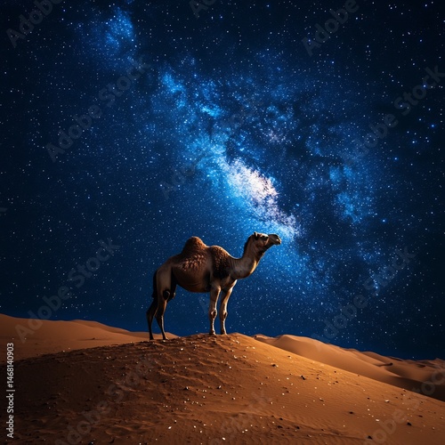 Camel standing a sand dune under a star filled sky silhouetted by the faint glow of the Milky Way