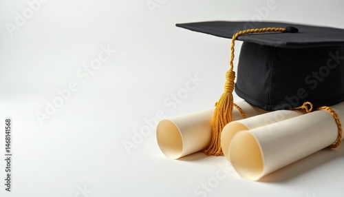 Graduation cap atop rolled diplomas academic achievement against white backdrop. Education success. Ideal for educational institutions, celebrating higher education achievements.