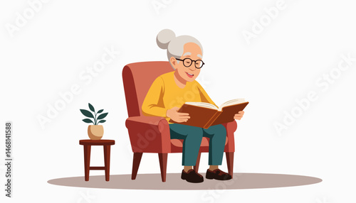 Elderly woman smiling while reading a book in a cozy chair, joy in solitude