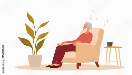 Elderly man enjoying tranquility in cozy chair, peaceful relaxation