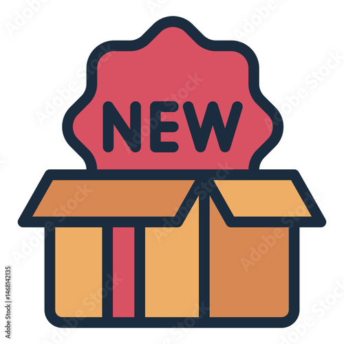 box filled line icon with new label for new product launch