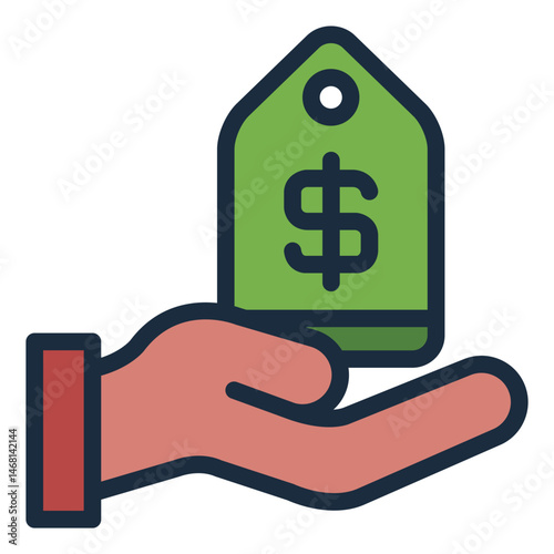 price tag filled line icon held by hand for pricing setup