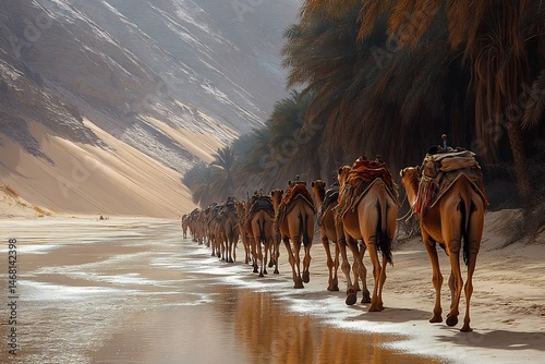 Caravan of camels walking across vast desert their shadows elongating under a golden sunset