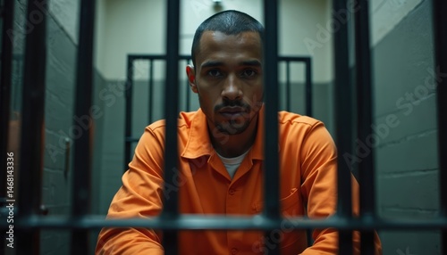 Prisoner in orange jumpsuit sits calmly in cell, surrounded by metal bars. Shadows create somber reflective atmosphere of prison life. Confinement solitude incarceration darkness isolation alone.