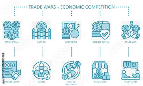 Trade wars dual tone icons set. Contain cartel, barrier, crisis, investment, market, trade wars, negotiation, deal and more. Vector for UI, UX kit, digital, print, web and app development.