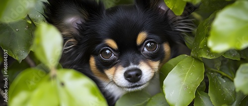Adorable Longhair Chihuahua Puppy Hiding in Lush Green Leaves photo