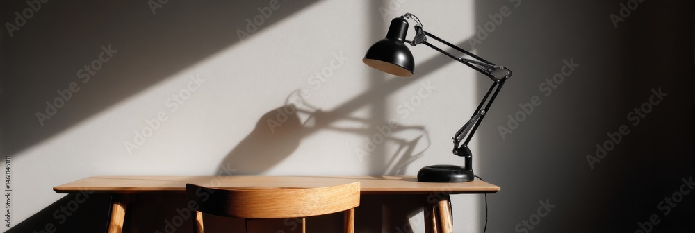 Minimal Desk Setup Featuring a Black Lamp Casting Dramatic Shadows in Soft Daylight Generative AI Minimal Desk Setup Featuring a Black Lamp Casting Dramatic Shadows in Soft Daylight Generative AI