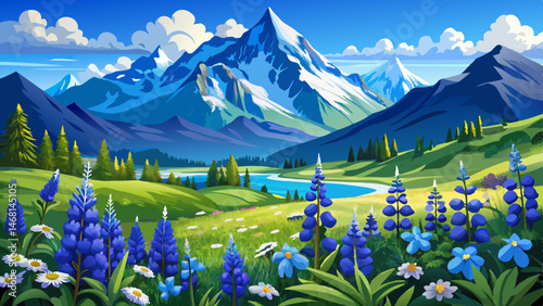 alpine meadow with blue monkshood flowers, mountain range switzerland bernese oberland