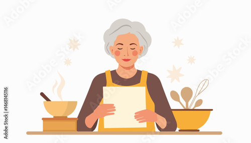 Elderly woman reading family recipe in cozy kitchen, culinary nostalgia