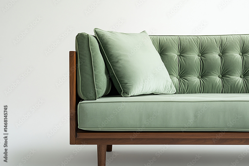 Fototapeta premium Elegant Sage Green Velvet Sofa with Wooden Frame and Pillows