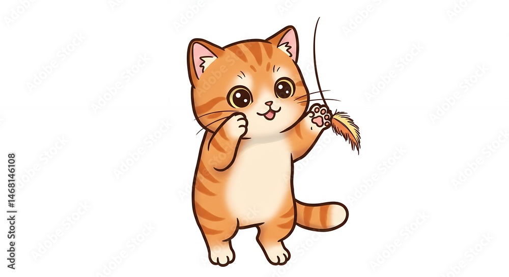 Fototapeta premium Cute ginger cartoon cat playing with toy