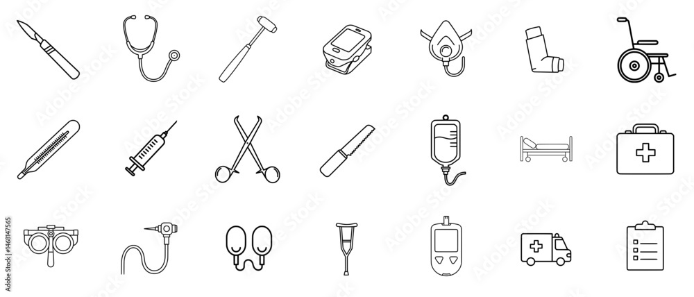 Medical Instruments Line Icon Set - Simple Vector Outline in minimalistic black and white design