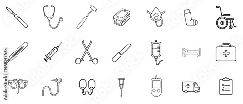 Medical Instruments Line Icon Set - Simple Vector Outline in minimalistic black and white design
