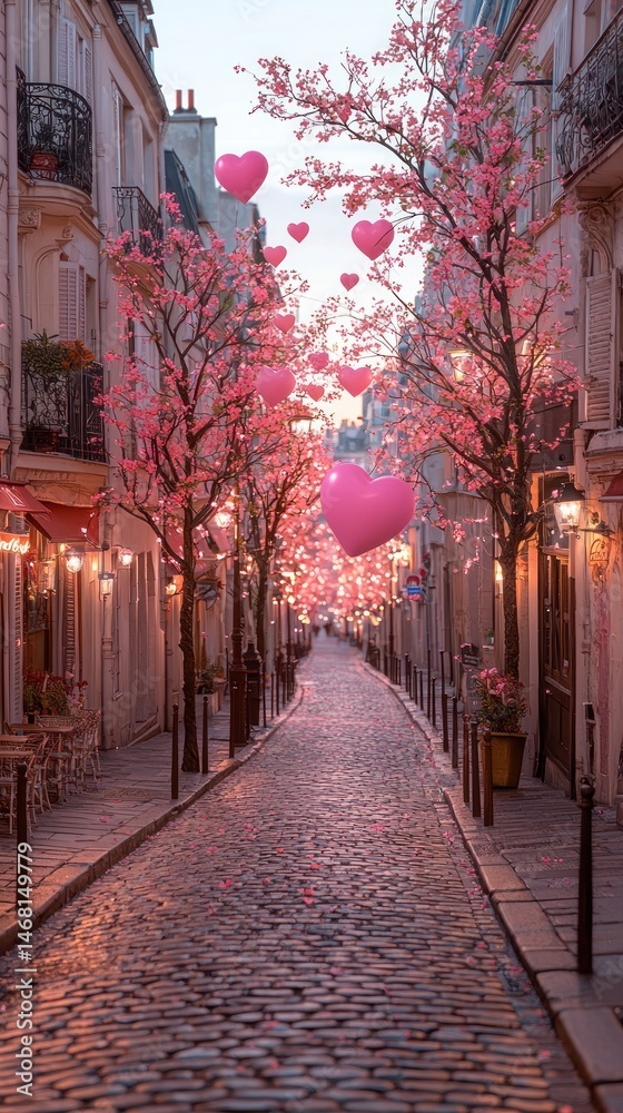 Obraz premium Romantic Paris Street with Pink Blossoms and Floating Heart Balloons