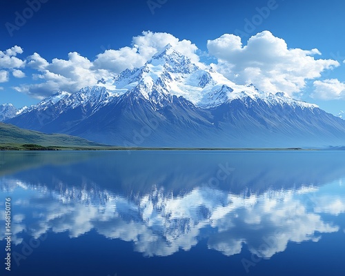 Fluffy white clouds drifting over serene blue sky reflected in a still mountain lake