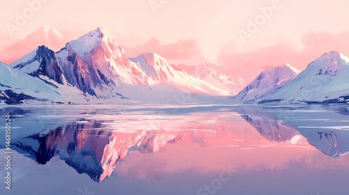Frozen lake crystal clear ice reflecting snow capped peaks and a pastel winter sky