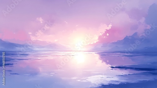 Frozen lake crystal clear ice reflecting snow capped peaks and a pastel winter sky