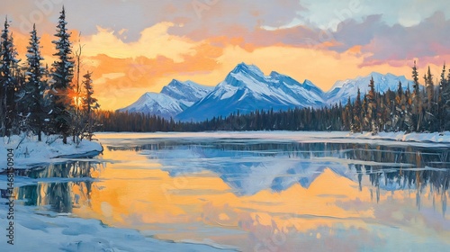 Frozen lake crystal clear ice reflecting snow capped peaks and a pastel winter sky
