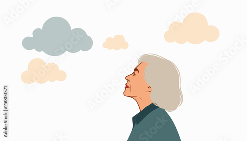 Elderly woman gazing at clouds, reflection and tranquility