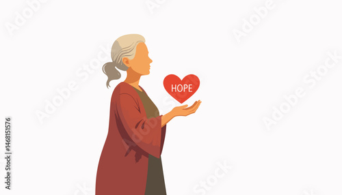 Elderly woman holding hope in heart, symbol of optimism