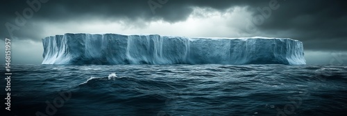 Lone iceberg floating a crystal clear Arctic sea with dramatic storm clouds gathering in the background