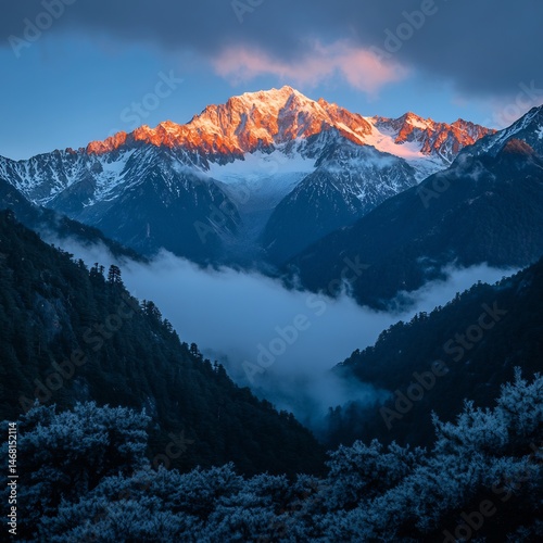 Majestic mountain range rising through layers of mist peaks illuminated by a glowing sunrise