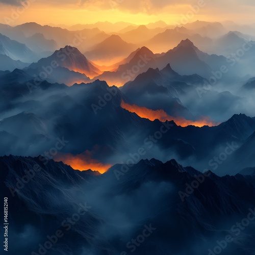 Majestic mountain range rising through layers of mist peaks illuminated by a glowing sunrise