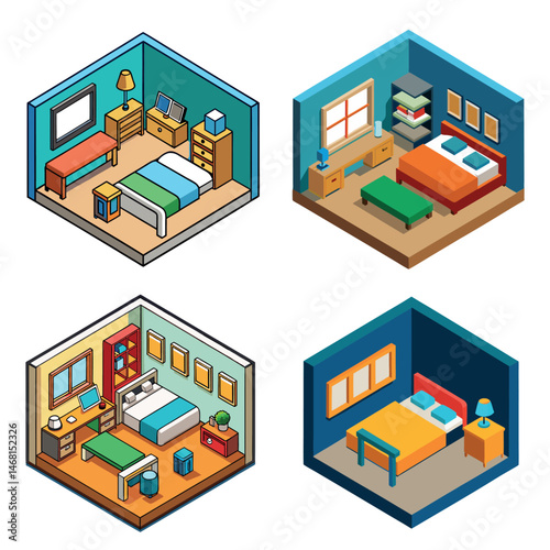A set of 3D isometric vector illustration showcases a set of furniture icons depicting a bedroom within a home design on white background 