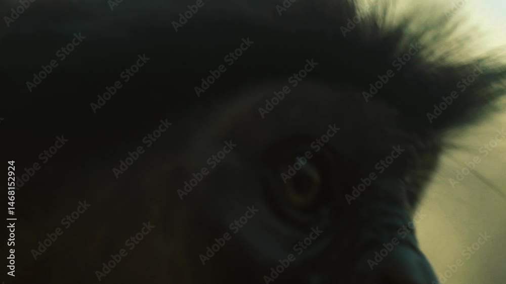 piliocolobus badius ou colobe bai à beaux poils regarde en gros plan la caméra dans les yeux en macro en mangeant des cacahuètes jetés par des touristes européens dans un parc zoologique de gambie (1)