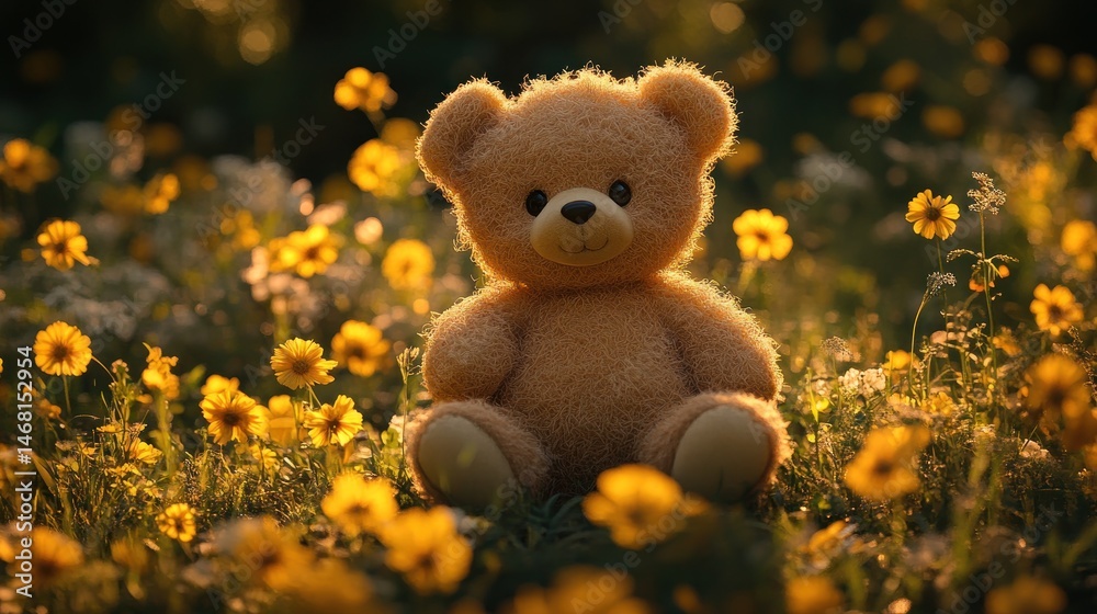 Fototapeta premium Adorable Teddy Bear in a Sunlit Meadow of Yellow Flowers
