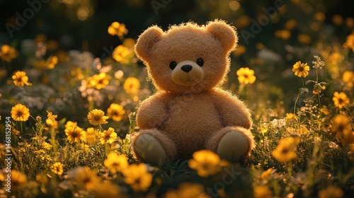 Adorable Teddy Bear in a Sunlit Meadow of Yellow Flowers