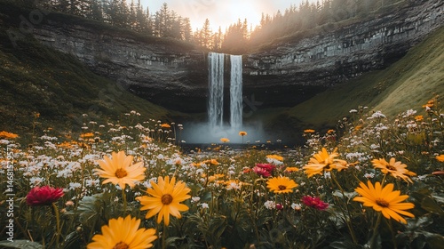 Majestic waterfall cascading through lush green forest surrounded by mist and vibrant flowers a scene of serenity and natural beauty