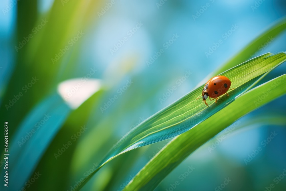 Fototapeta premium Ladybug Crawling on a Grass Blade Under Bright Sunlight in a Lush Garden Setting Generative AI