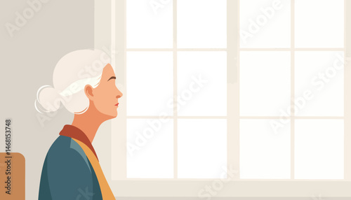 Elderly woman reflecting in minimalist room by window, quiet contemplation