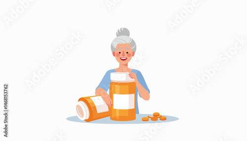 Elderly woman smiling while organizing medicine bottles, health awareness