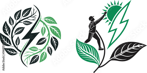 Eco Energy Concept Vector – Green Renewable Power with Leaves and Lightning Bolt Design