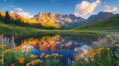 Rainbow reflecting a still mountain lake after a summer storm surrounded by wildflowers and lush greenery