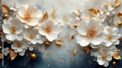 Elegant 3D White Flowers with Gold Accents on a Blue and Gold Textured Background