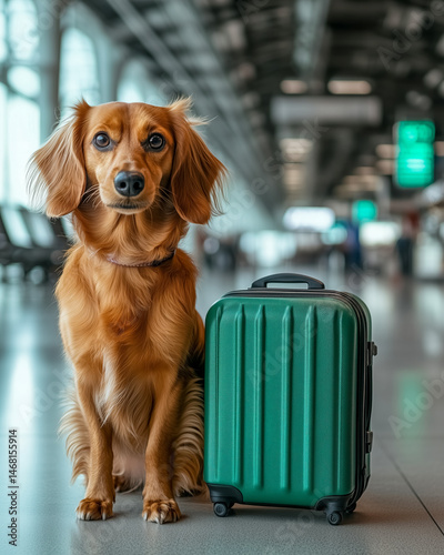 Dachshund dog waiting for the owner at airport next to terminal near green suitcase